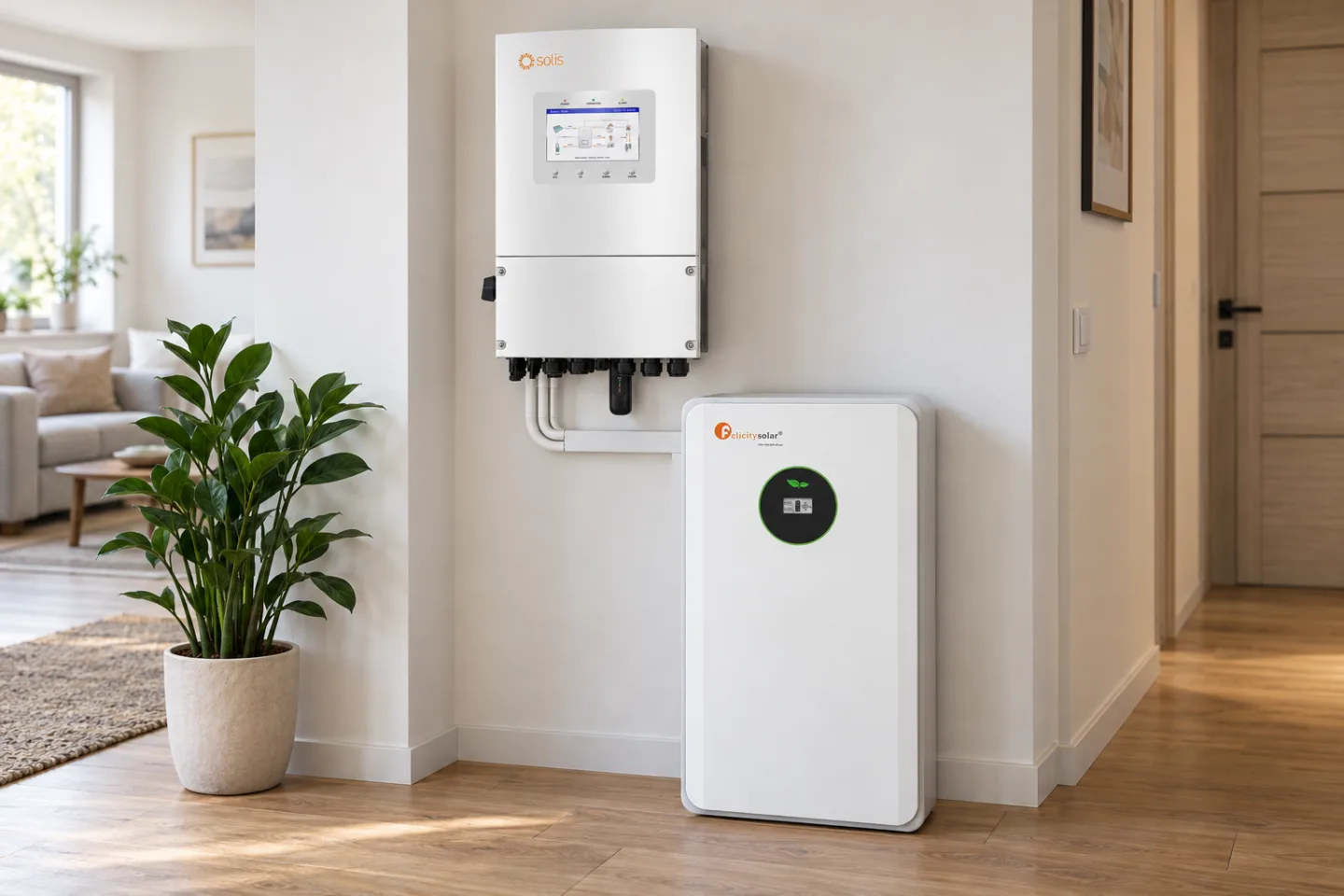 Інвертор Solis S6-EH1P6K-L-PLUS на стіні коридору і поруч на підлозі батарея Felicity FLA48100